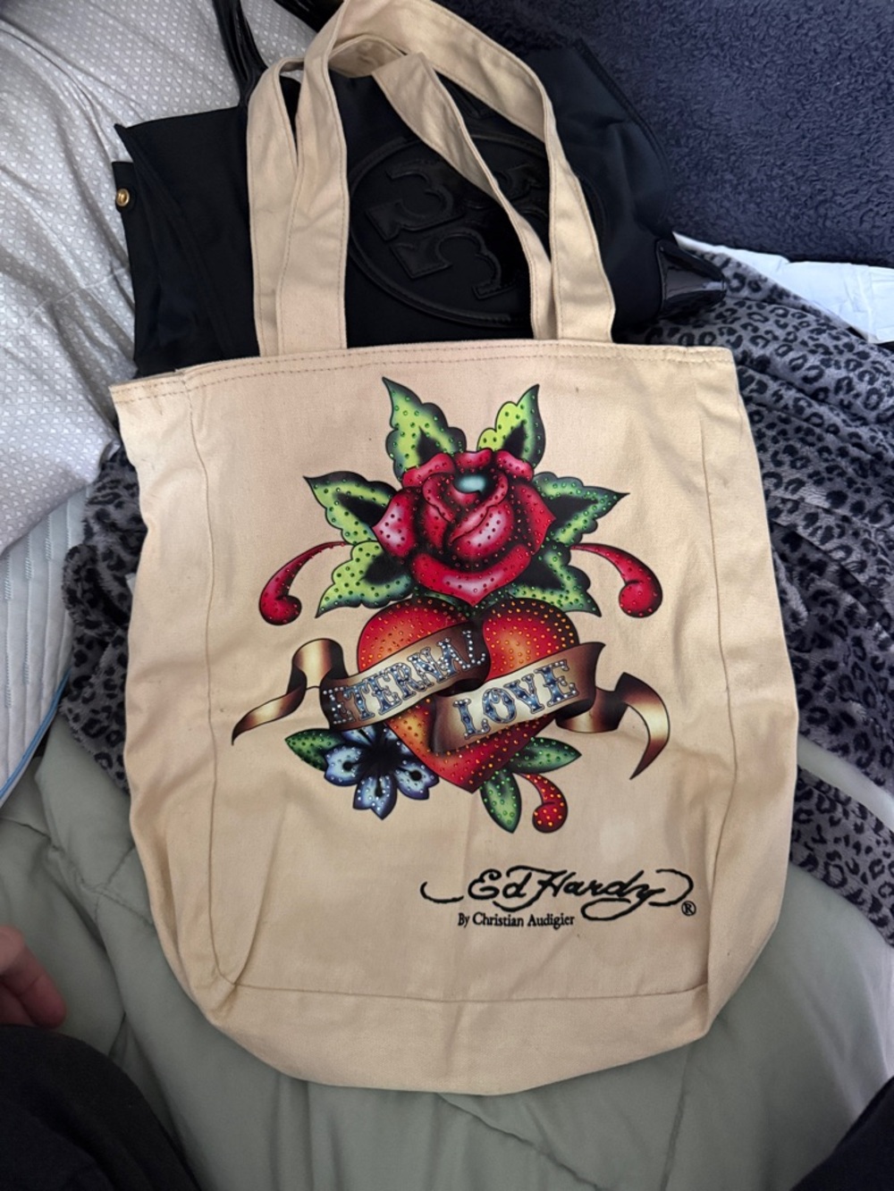 Ed Hardy Beige Canvas Tote with Red Rose and Heart Graphic